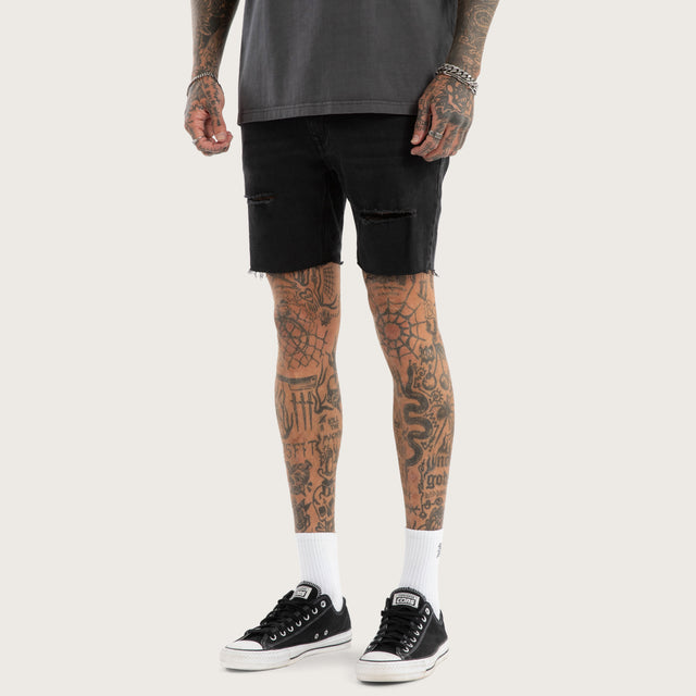 Model wears KS2 Denim Short Black Grey Shorts in Black - Image 1