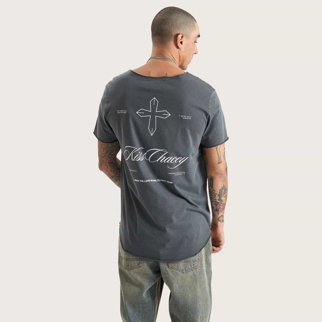 Brushton Dual Curved Raw V-Neck Tee Pigment Asphalt