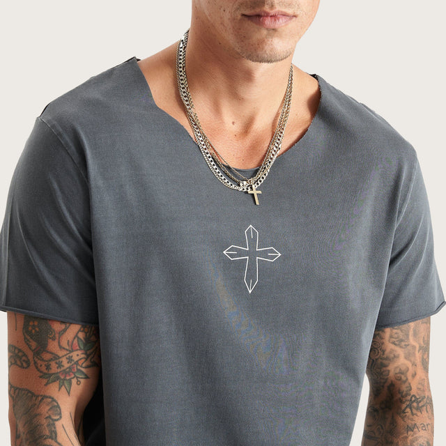 Brushton Dual Curved Raw V-Neck Tee Pigment Asphalt