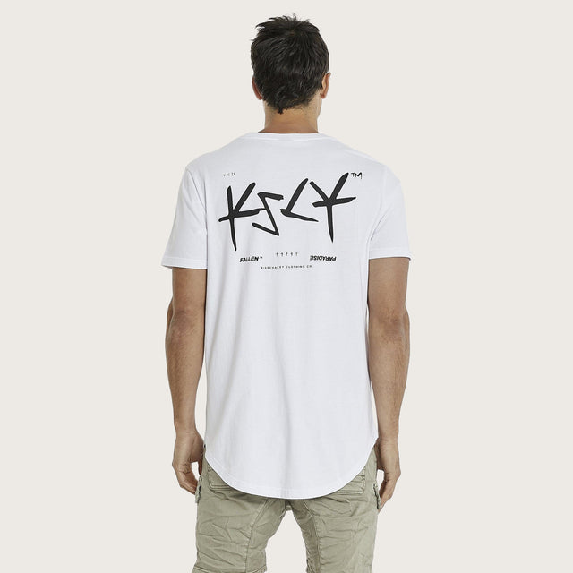 Model wears Darkness Dual Curved T-Shirt Optical White T-Shirts in White - Image 1
