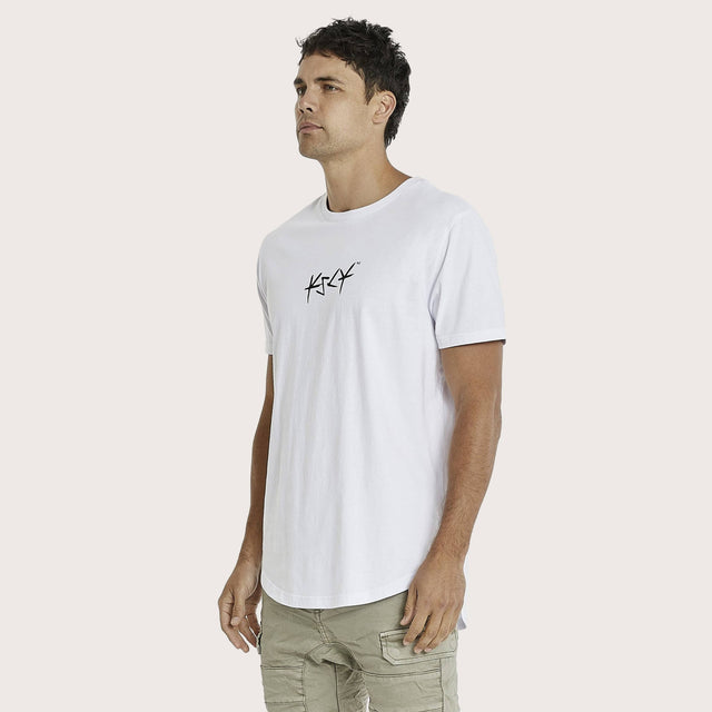 Model wears Darkness Dual Curved T-Shirt Optical White T-Shirts in White - Image 4