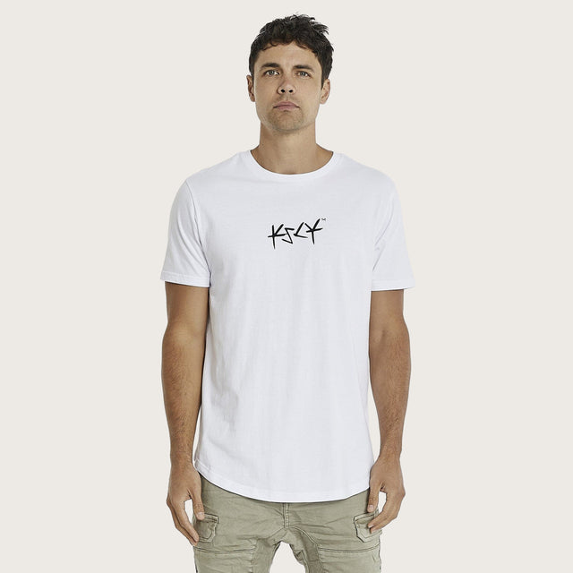 Model wears Darkness Dual Curved T-Shirt Optical White T-Shirts in White - Image 2