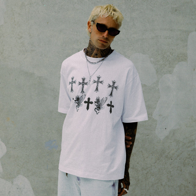 Model wears Dominion Heavy Oversized Tee White T-Shirts in White - Image 2