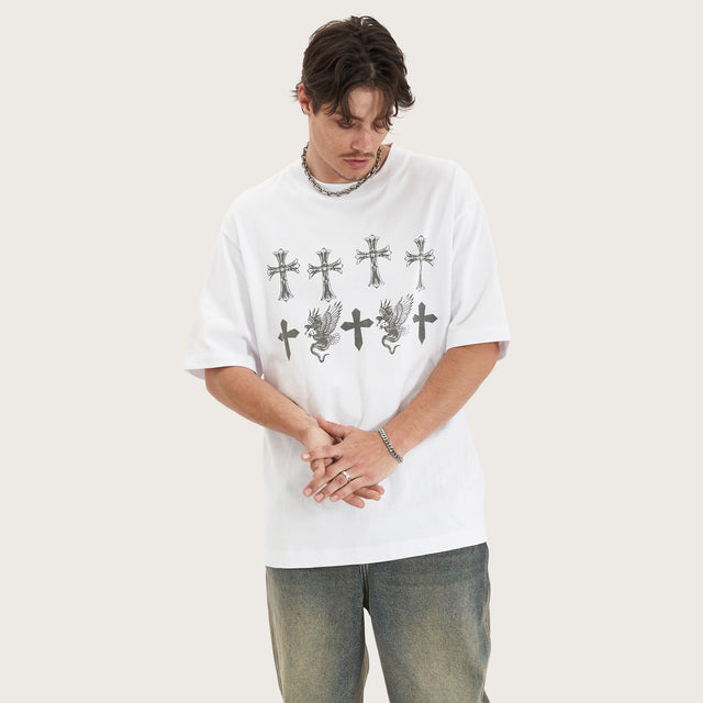 Model wears Dominion Heavy Oversized Tee White T-Shirts in White - Image 6