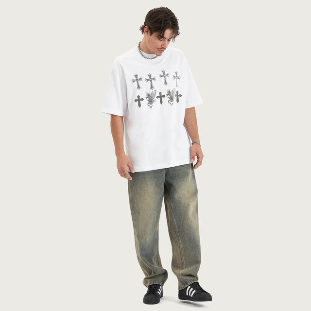 Model wears Dominion Heavy Oversized Tee White T-Shirts in White - Image 5