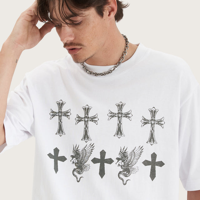 Model wears Dominion Heavy Oversized Tee White T-Shirts in White - Image 4