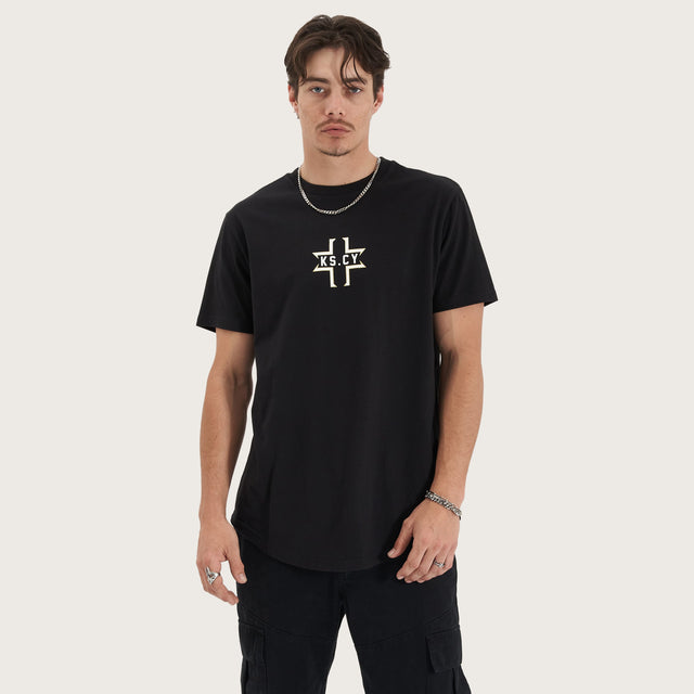 Model wears Flame Dual Curved Tee Jet Black T-Shirts in Black - Image 2