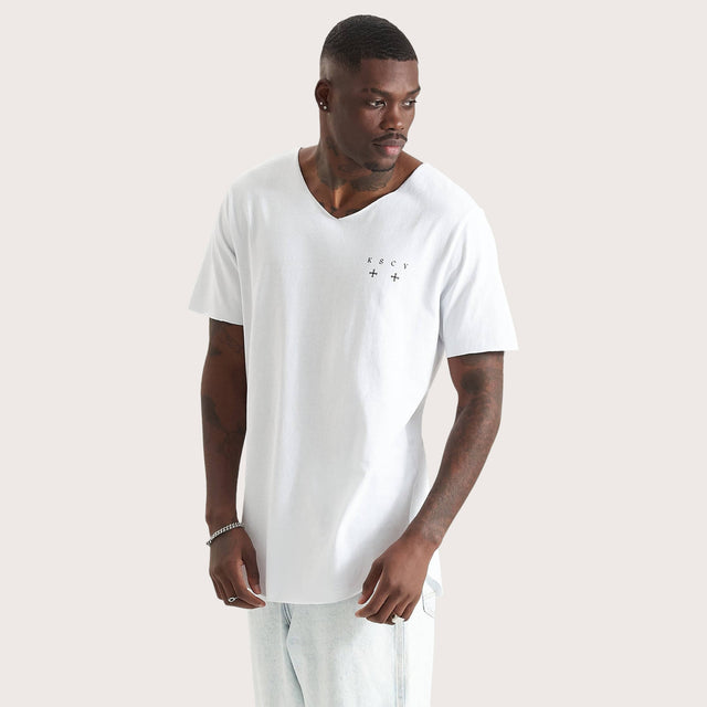 Forlorn Dual Curved Raw V-Neck T-Shirt Optical White
