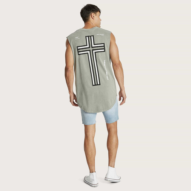 Model wears Hypocrit Dual Curved Muscle Tee Pigment Shadow Muscle Tees in Grey - Image 1