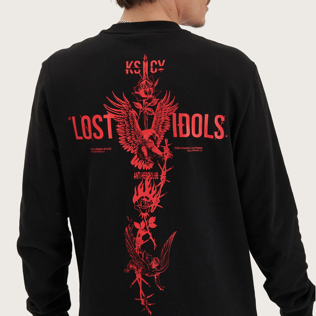 Model wears Inferno Heavy Dual Curved Sweater Jet Black Jumpers in Black - Image 3