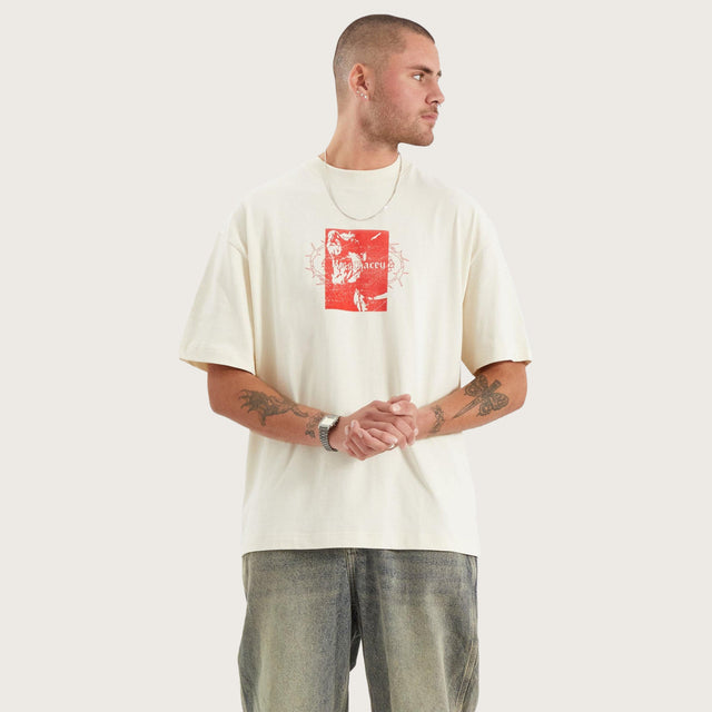 Model wears Prison Street Fit Tee Tofu T-Shirts in Off-White - Image 3