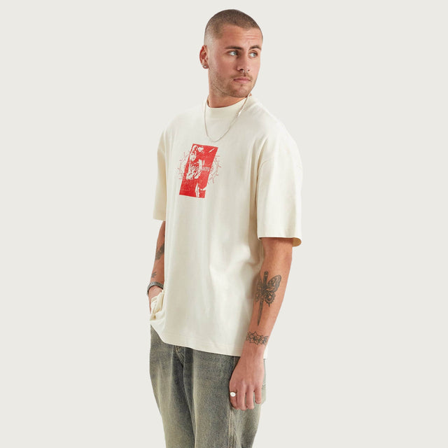 Model wears Prison Street Fit Tee Tofu T-Shirts in Off-White - Image 5