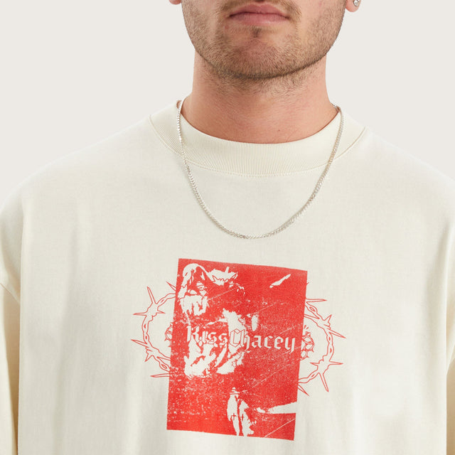 Model wears Prison Street Fit Tee Tofu T-Shirts in Off-White - Image 2