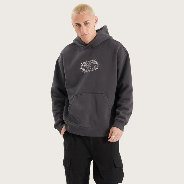 Model wears Riftborne Heavy Relaxed Hoodie Pigment Asphalt Hoodies in Grey - Image 3