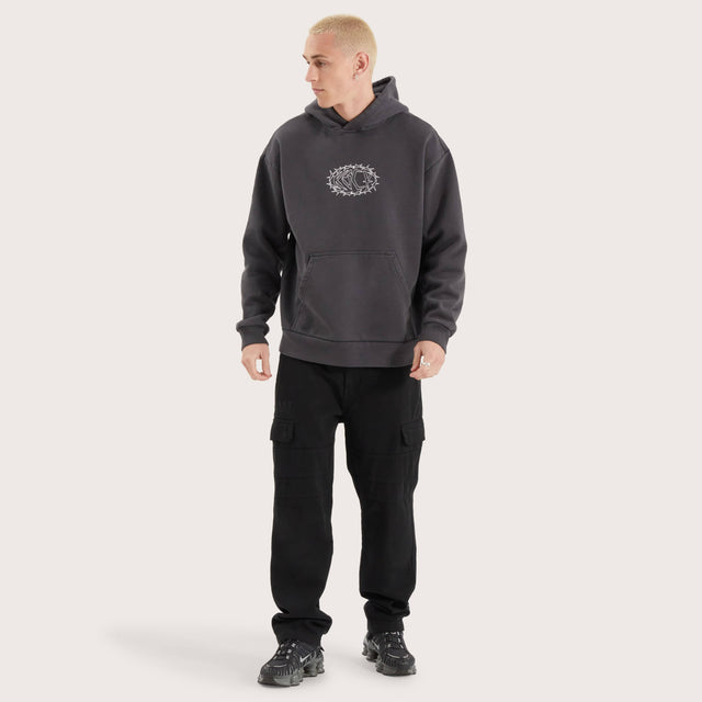 Model wears Riftborne Heavy Relaxed Hoodie Pigment Asphalt Hoodies in Grey - Image 5