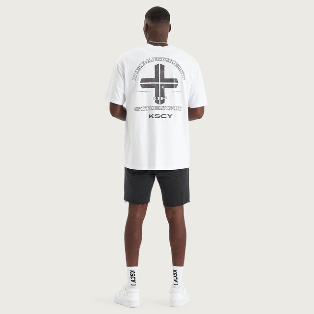 Model wears Second Heaven Box Fit T-Shirt Optical White T-Shirts in White - Image 1