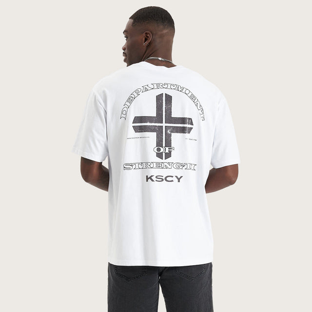 Model wears Second Heaven Box Fit T-Shirt Optical White T-Shirts in White - Image 3