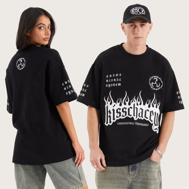 Model wears System Loopback Street Tee Jet Black T-Shirts in Black - Image 2