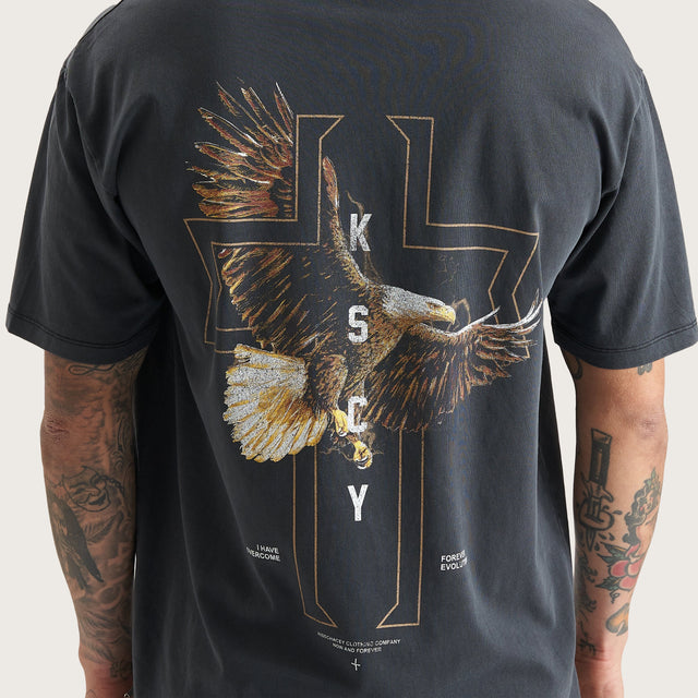 Model wears The Knight Heavy Box Fit Tee Pigment Black T-Shirts in Black - Image 5