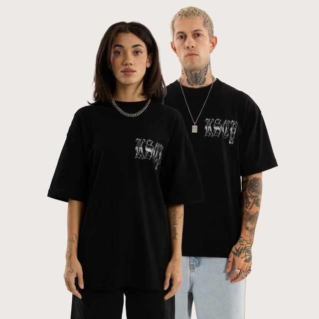 Model wears Thrive Street Tee in Jet Black T-Shirts in Black - Image 1