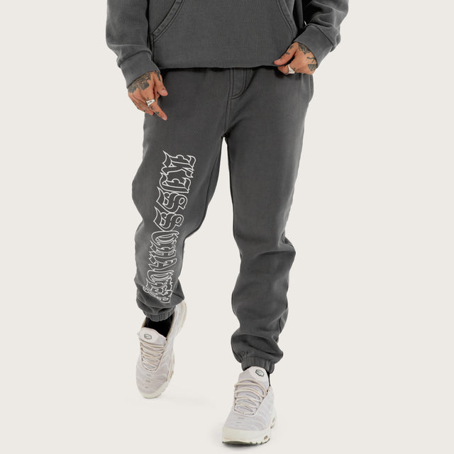 Model wears Genesis Trackpant Pigment Charcoal Trackpants in Grey - Image 3