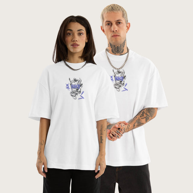 Model wears Strains Street Tee White T-Shirts in White - Image 1