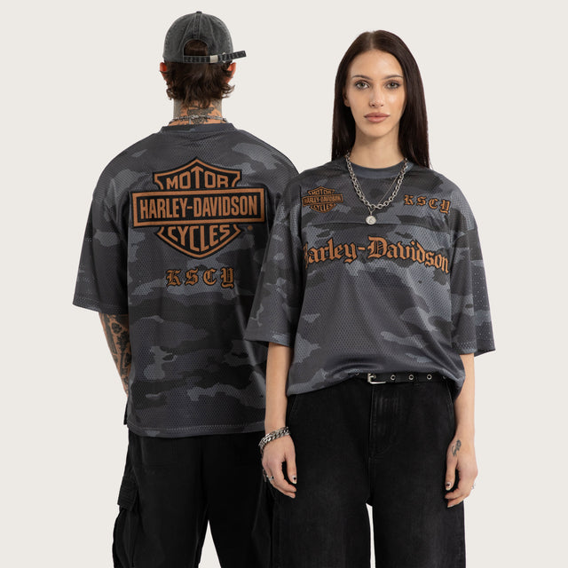 Model wears Merge Gridiron Jersey Camo Jerseys Brown – image 1