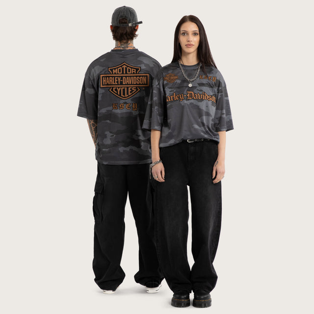 Model wears Merge Gridiron Jersey Camo Jerseys Brown – image 4