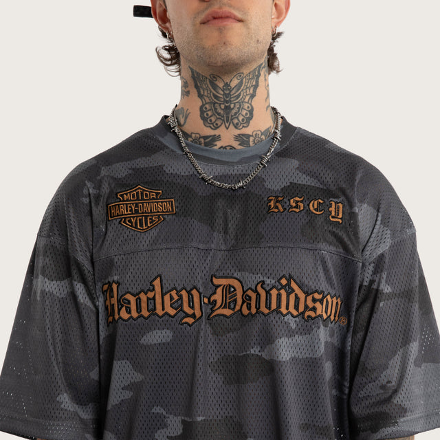 Model wears Merge Gridiron Jersey Camo Jerseys Brown – image 3