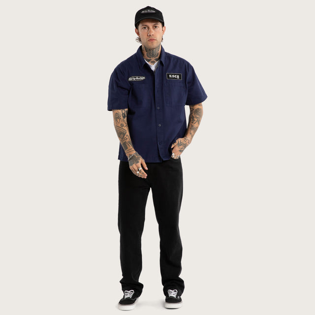 Model wears Refuel SS Mechanic Shirt Patriot Blue Short Sleeve Shirts Blue – image 4