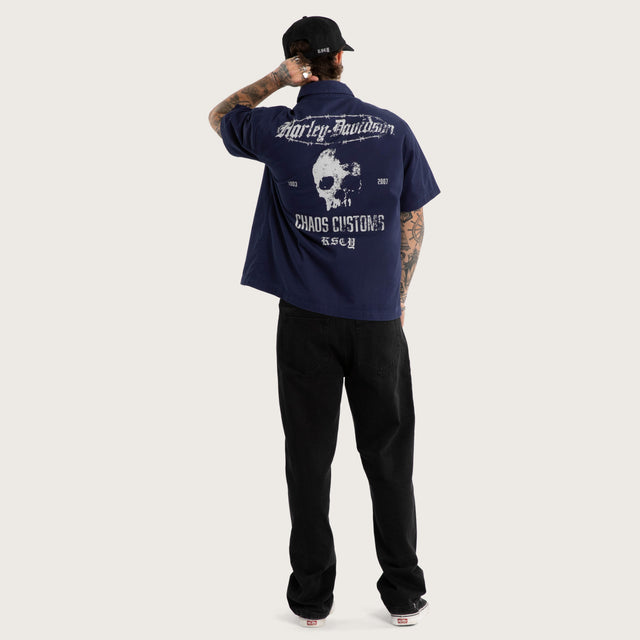 Model wears Refuel SS Mechanic Shirt Patriot Blue Short Sleeve Shirts Blue – image 5
