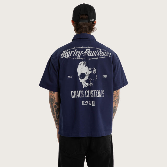 Model wears Refuel SS Mechanic Shirt Patriot Blue Short Sleeve Shirts Blue – image 2