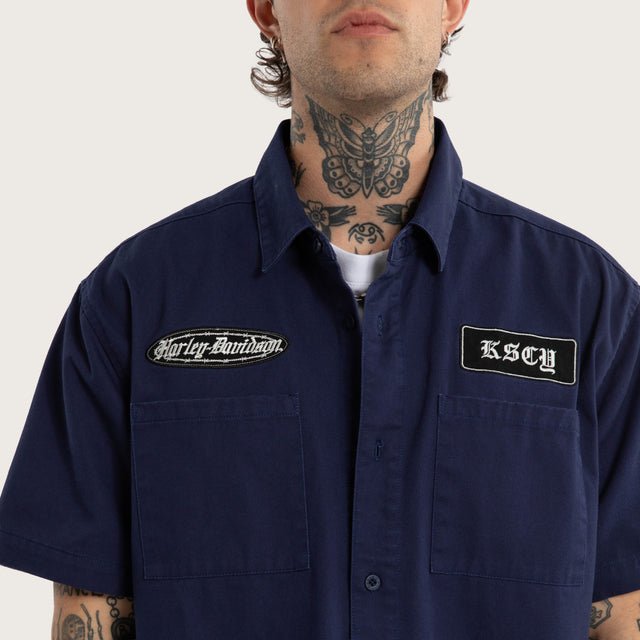 Model wears Refuel SS Mechanic Shirt Patriot Blue Short Sleeve Shirts Blue – image 3