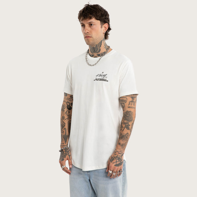Model wears Prodigy Dual Curved Tee Natural White T-Shirts White – image 3