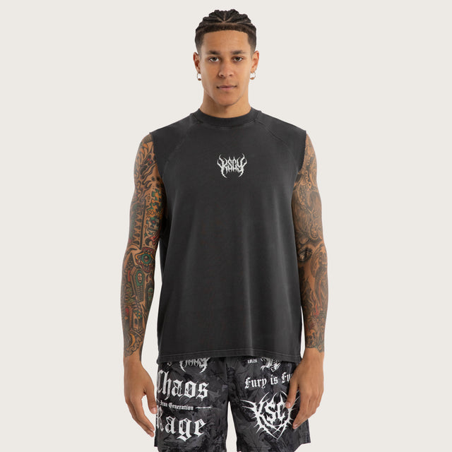 Model wears Dark Stamp Raglan Muscle Pigment Black Activewear Muscle Tees in Black - Image 1