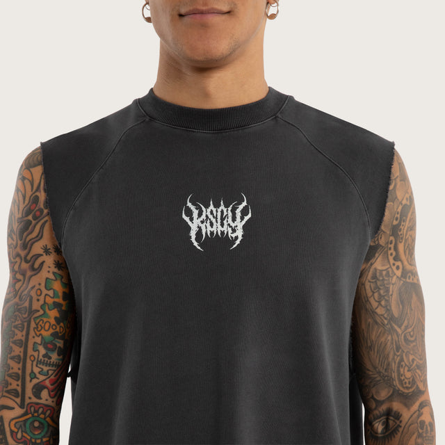 Model wears Dark Stamp Raglan Muscle Pigment Black Activewear Muscle Tees in Black - Image 2