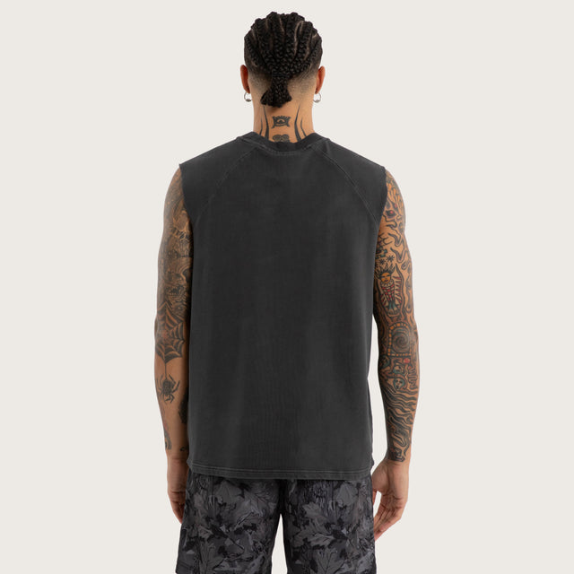 Model wears Dark Stamp Raglan Muscle Pigment Black Activewear Muscle Tees in Black - Image 3