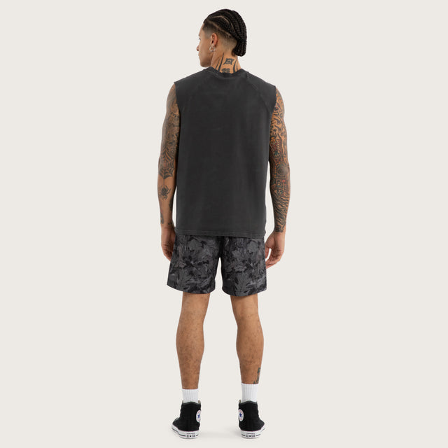 Model wears Dark Stamp Raglan Muscle Pigment Black Activewear Muscle Tees in Black - Image 4