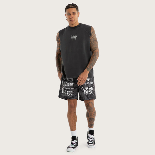 Model wears Dark Stamp Raglan Muscle Pigment Black Activewear Muscle Tees in Black - Image 5