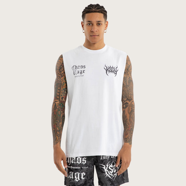 Model wears Chaos Rage Relaxed Muscle Optical White Activewear Muscle Tees in White - Image 1