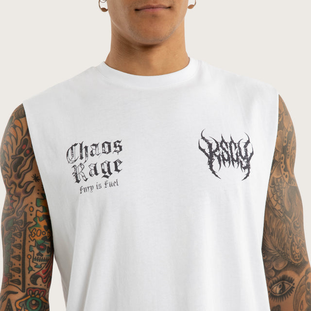 Model wears Chaos Rage Relaxed Muscle Optical White Activewear Muscle Tees in White - Image 3