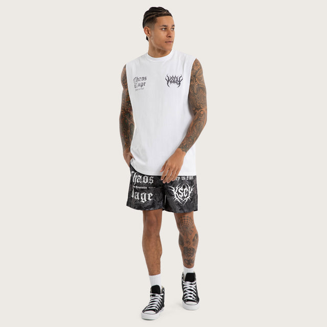 Model wears Chaos Rage Relaxed Muscle Optical White Activewear Muscle Tees in White - Image 5