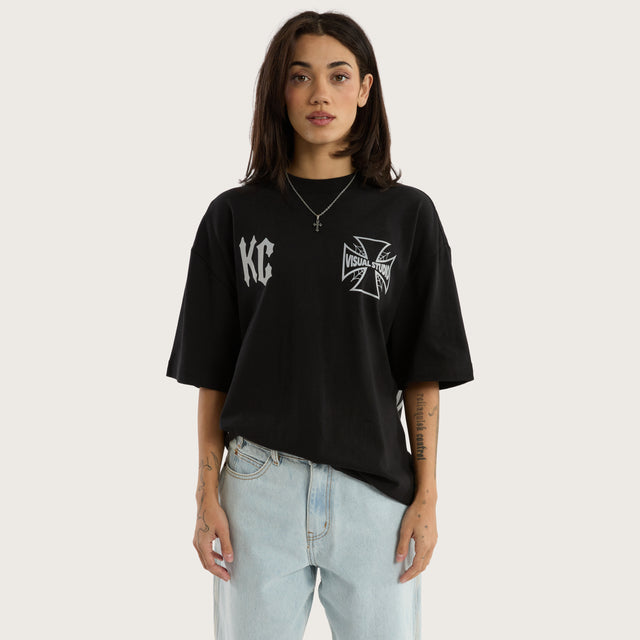Model wears Exodus Street Tee Jet Black T-Shirts in Black - Image 5