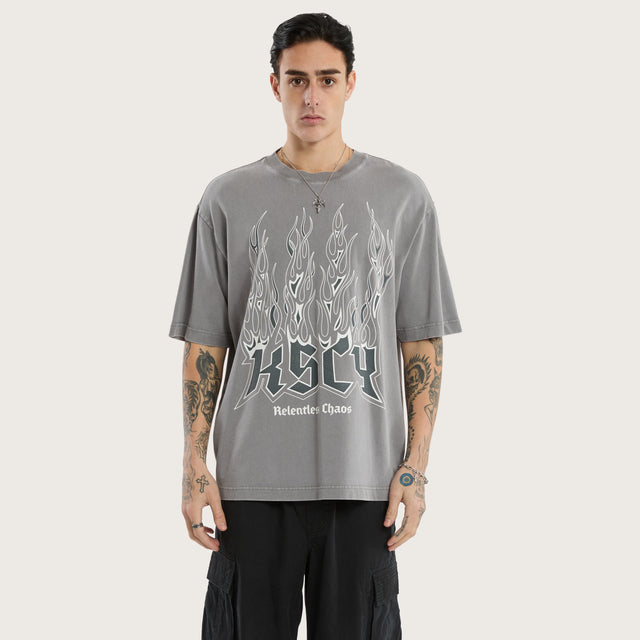 Model wears Relentless Oversized Fit Tee in Smoke Grey T-Shirts in Grey - Image 1
