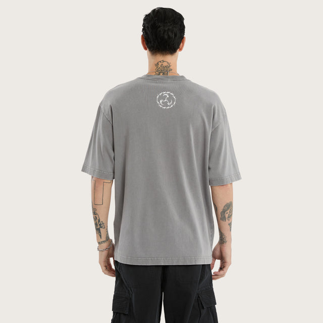 Model wears Relentless Oversized Fit Tee in Smoke Grey T-Shirts in Grey - Image 2
