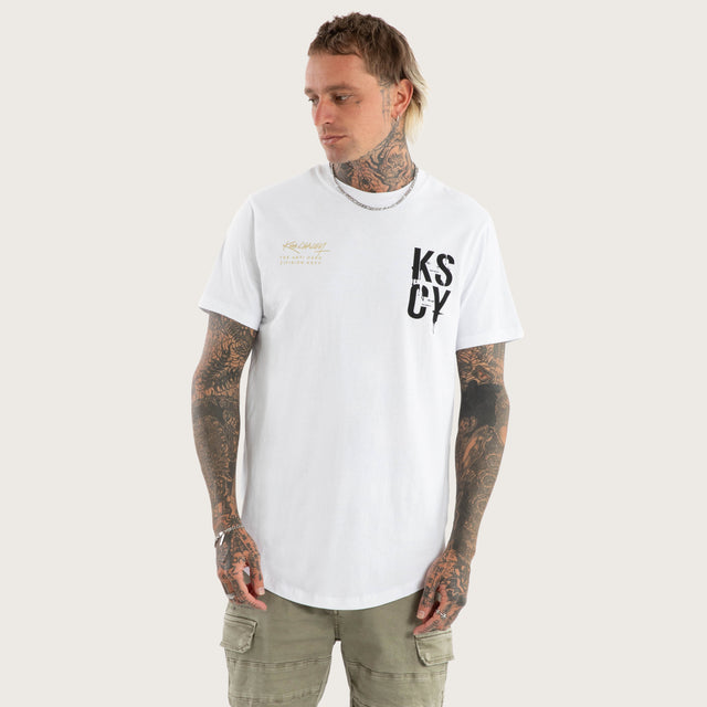 Model wears Alpha Slim Curved Hem Tee Optical White T-Shirts in White - Image 3