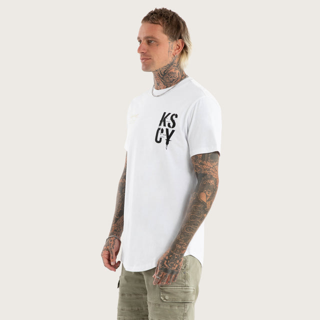 Model wears Alpha Slim Curved Hem Tee Optical White T-Shirts in White - Image 4
