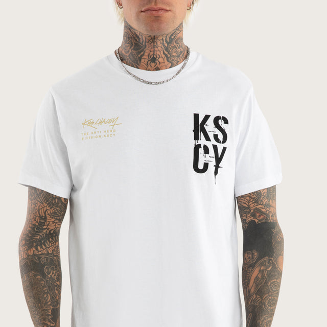 Model wears Alpha Slim Curved Hem Tee Optical White T-Shirts in White - Image 6
