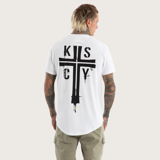 Model wears Alpha Slim Curved Hem Tee Optical White T-Shirts in White - Image 1