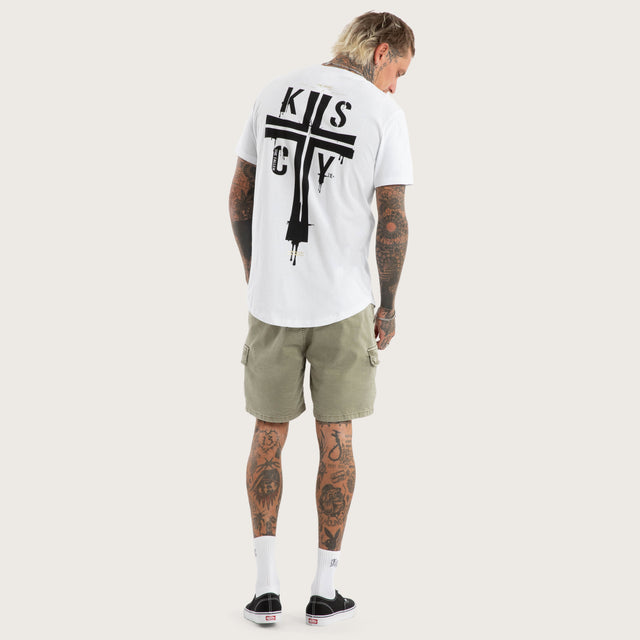 Model wears Alpha Slim Curved Hem Tee Optical White T-Shirts in White - Image 5